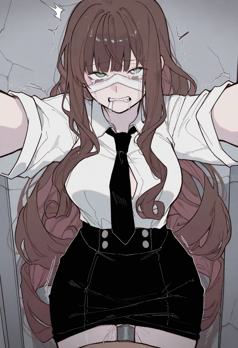 1girl, long hair, necktie, skirt, brown hair, shirt