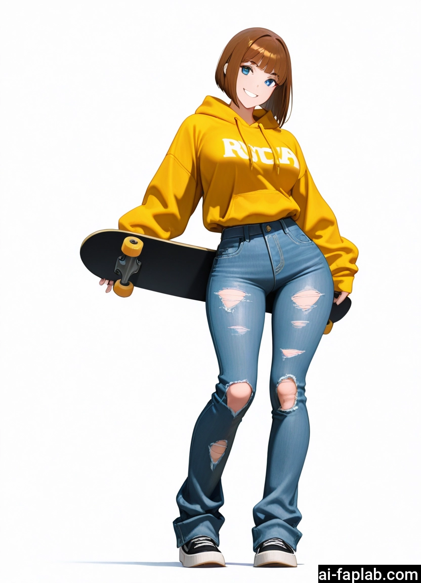 1girl, pants, smile, brown hair, blue eyes, solo · Yamete.gg