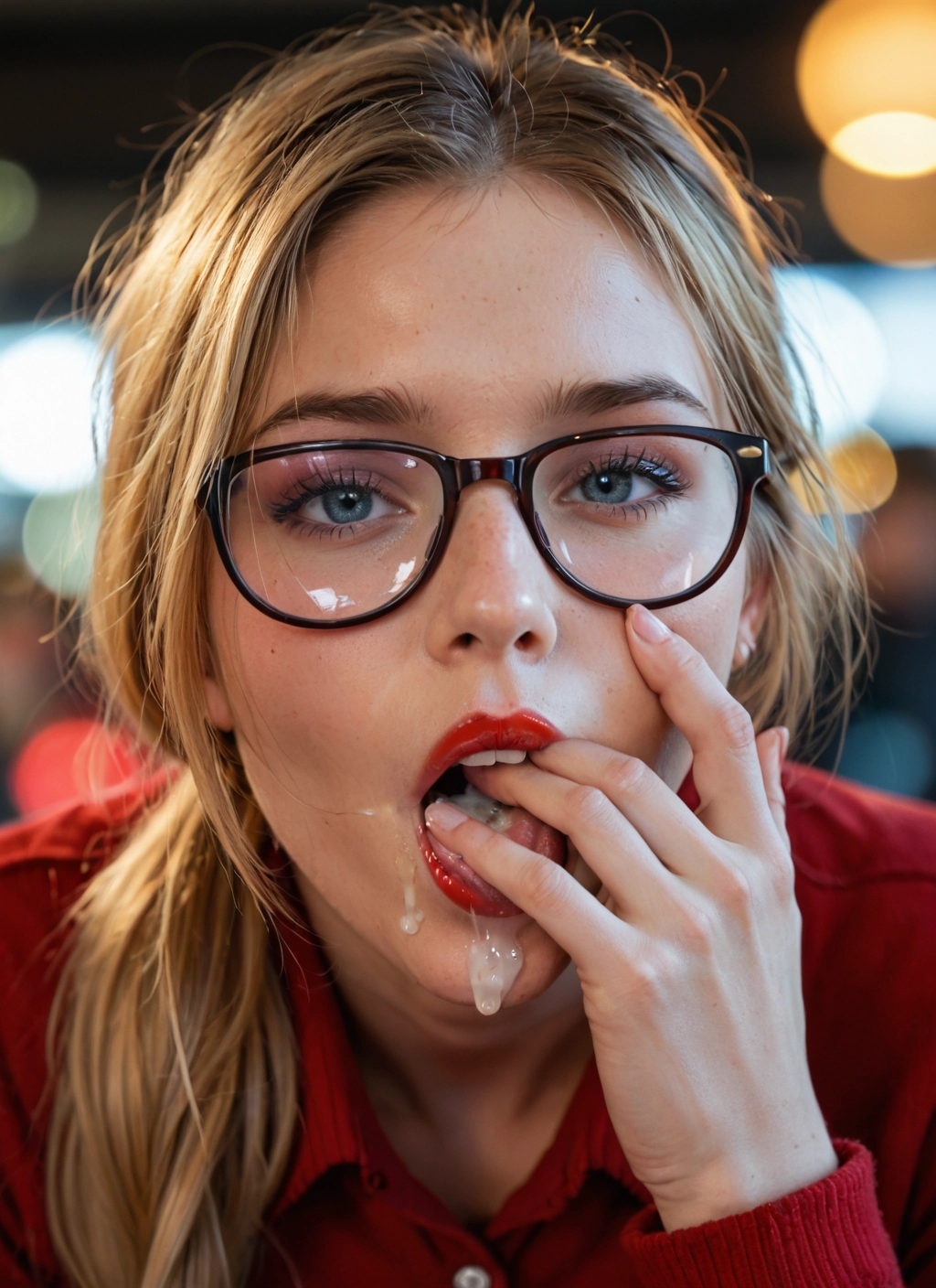 1girl, solo, glasses, blonde hair, cum, freckles · Yamete.gg