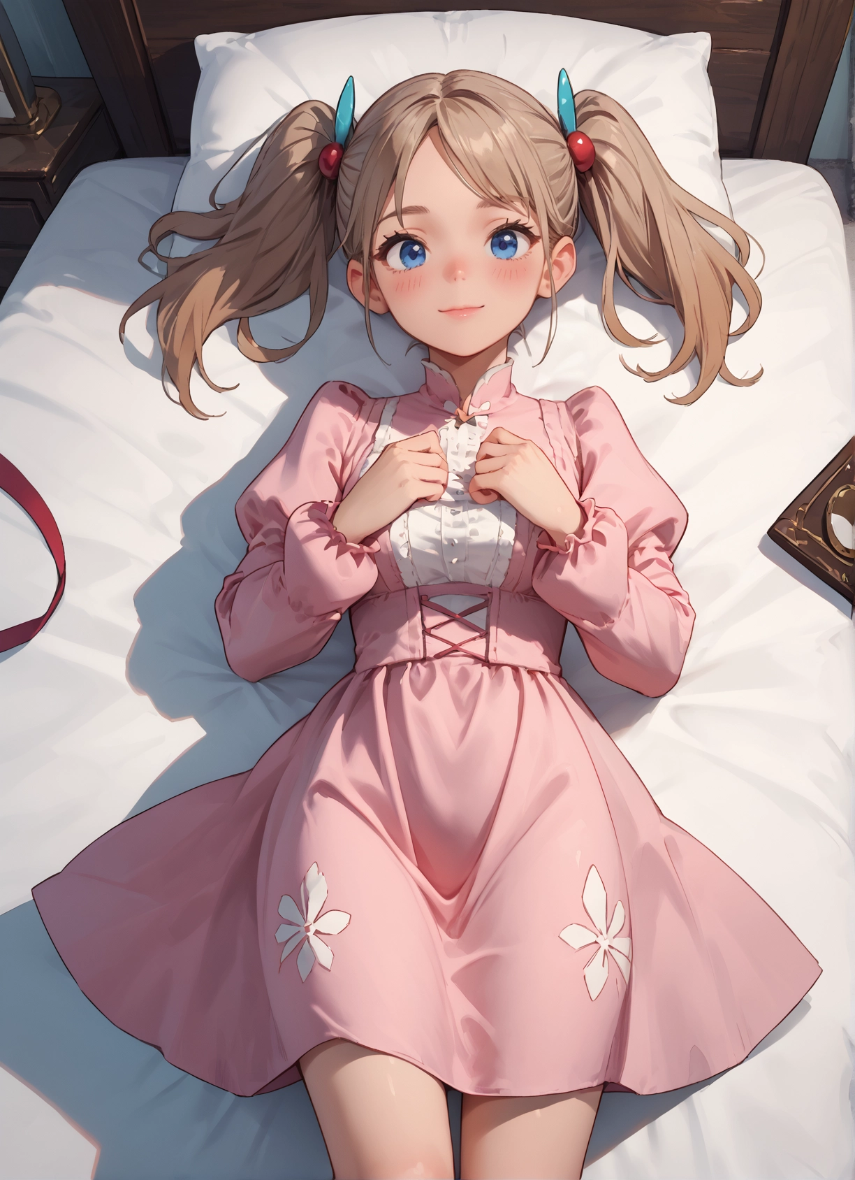 1girl, blue eyes, twintails, solo, lying, on back · Yamete.gg