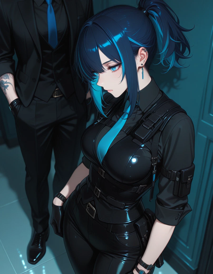1girl, gloves, necktie, shirt, blue hair, pants · Yamete.gg