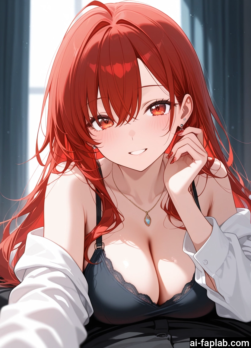 breasts, 1girl, long hair, cleavage, red hair, smile