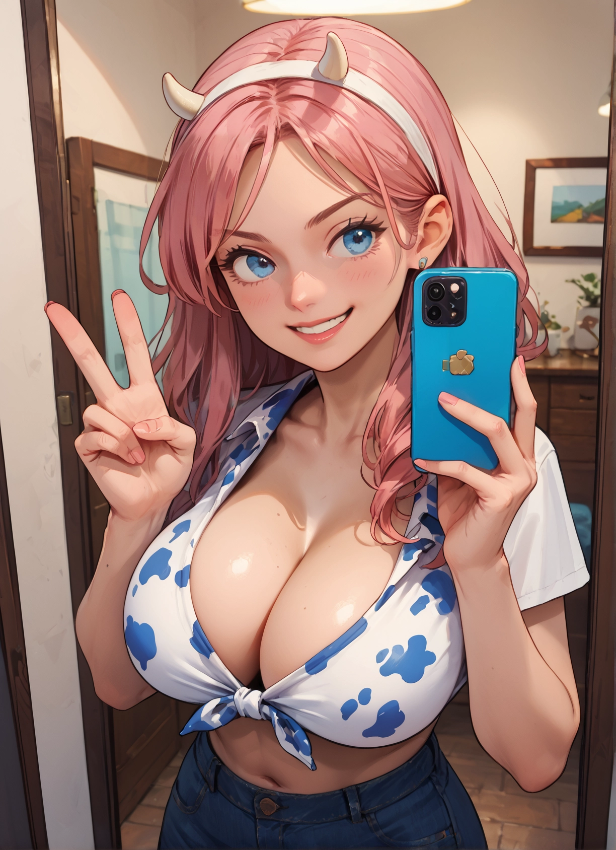 breasts, 1girl, phone, pink hair, blue eyes, large breasts · Yamete.gg