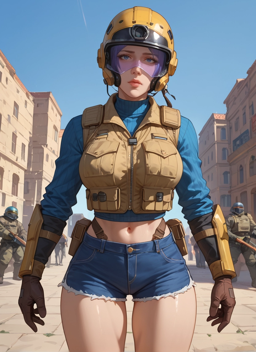 1girl, shorts, gloves, weapon, navel, gun · Yamete.gg