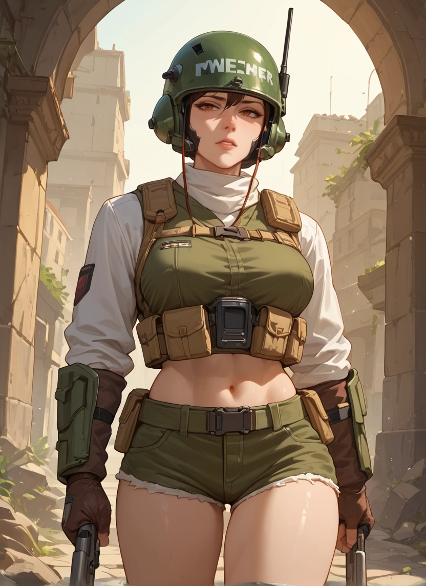1girl, weapon, gun, solo, shorts, navel · Yamete.gg