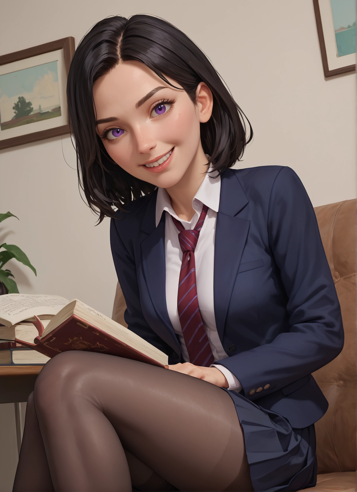 1girl, pantyhose, solo, necktie, book, skirt · Yamete.gg