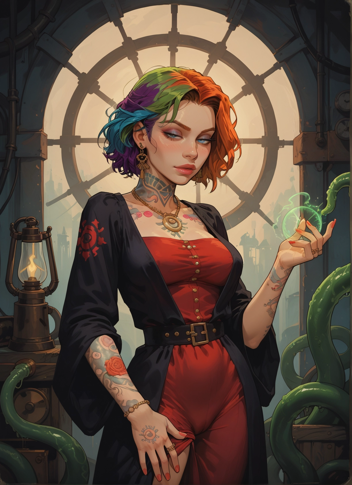 1girl, jewelry, dress, earrings, solo, multicolored hair · Yamete.gg
