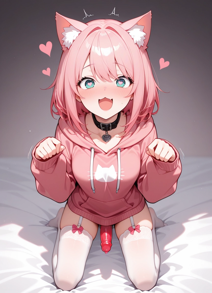 solo, heart, hood, thighhighs, looking at viewer, pink hair
