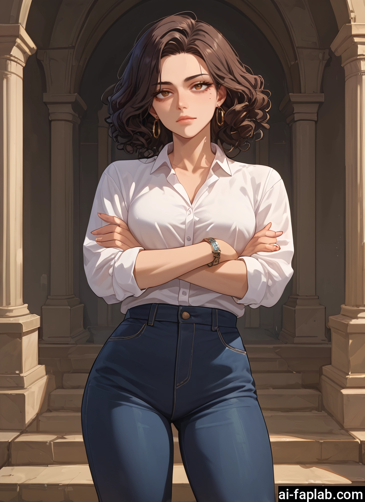 1girl, jewelry, earrings, solo, pants, brown hair