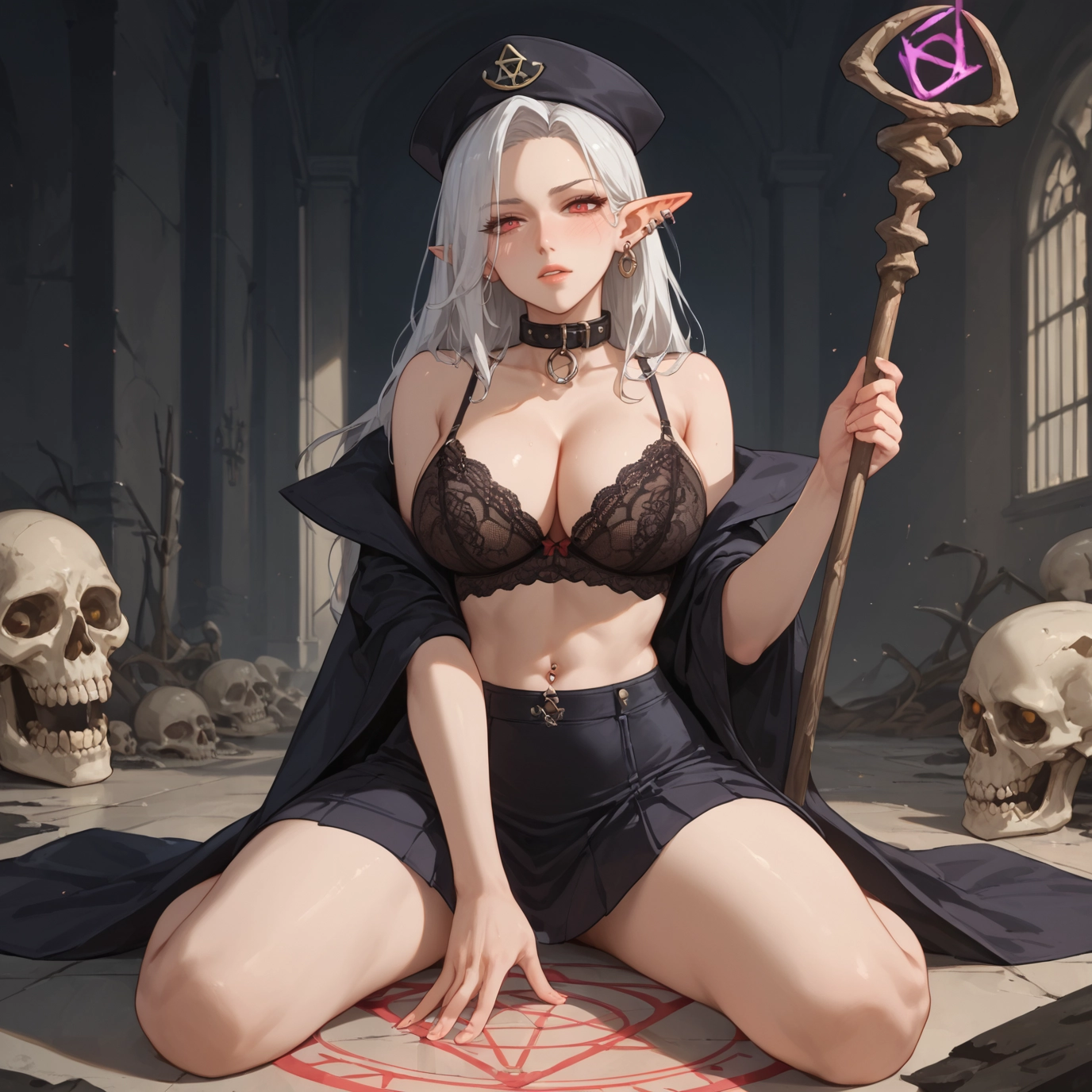 1girl, breasts, underwear, pointy ears, bra, skirt · Yamete.gg