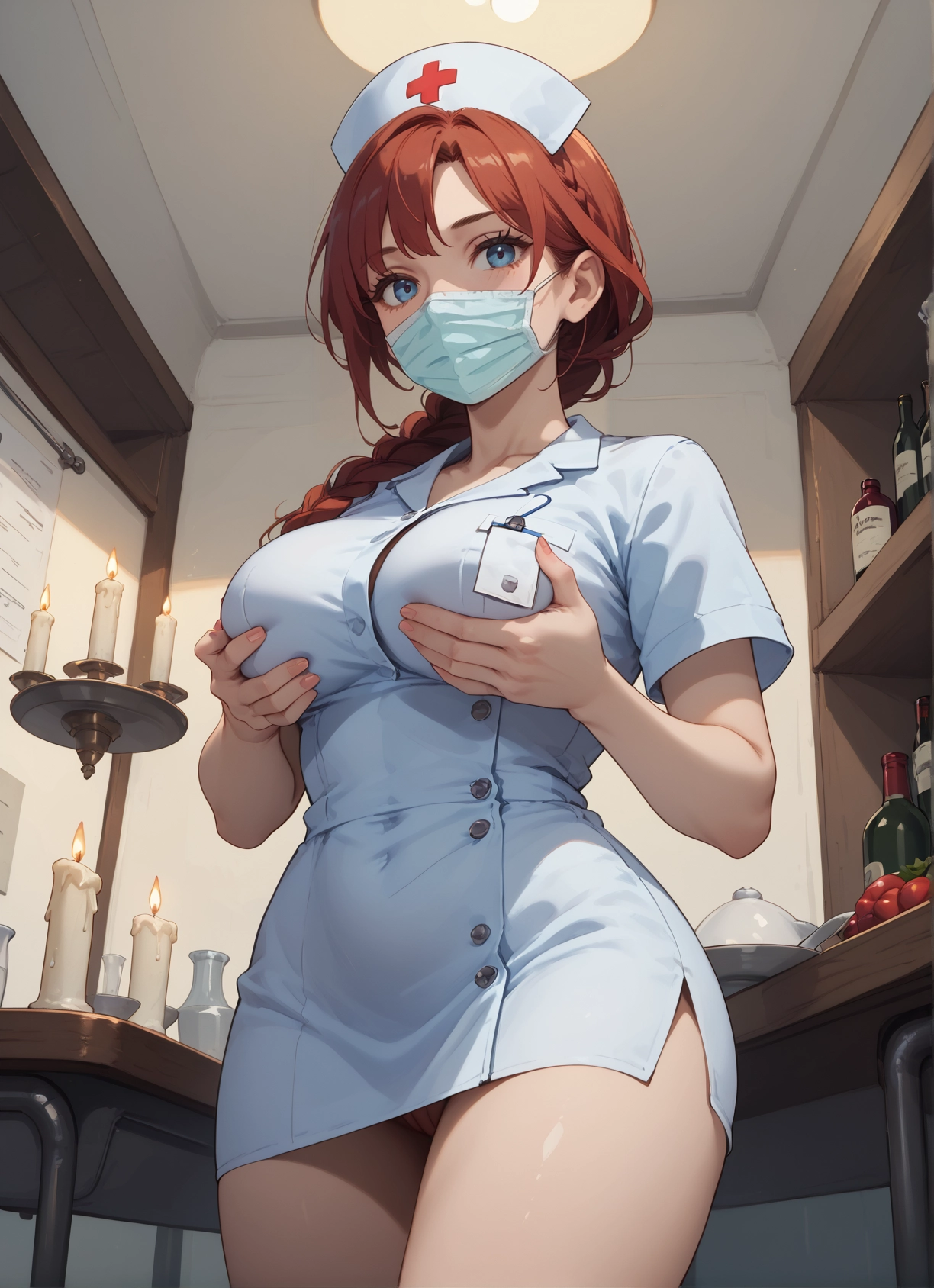 1girl, breasts, solo, blue eyes, mask, indoors · Yamete.gg