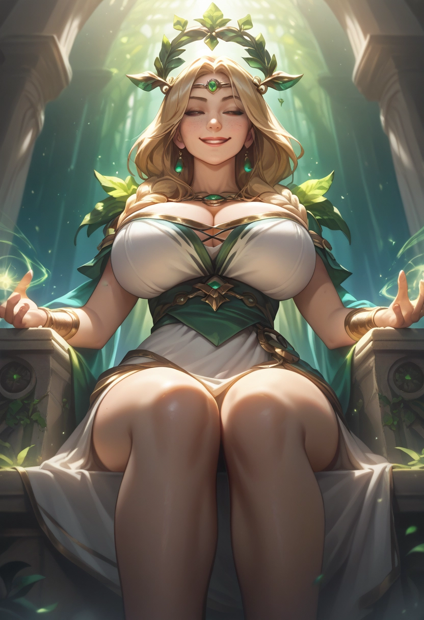 1girl, breasts, jewelry, blonde hair, sitting, smile · Yamete.gg