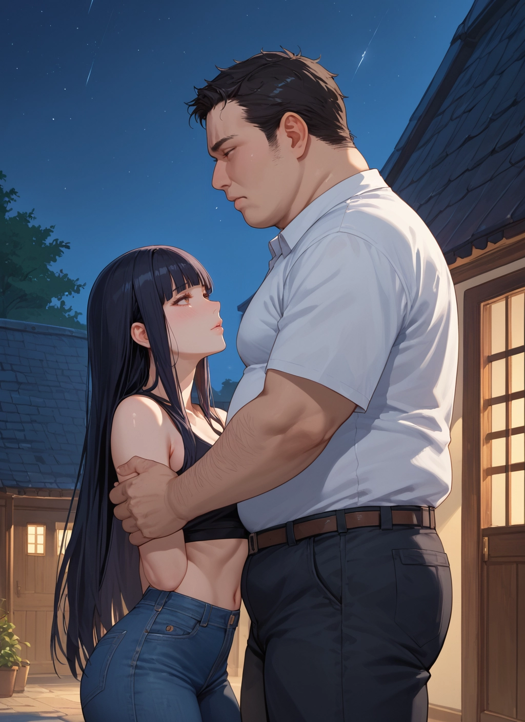 1girl, 1boy, long hair, black hair, pants, denim · Yamete.gg