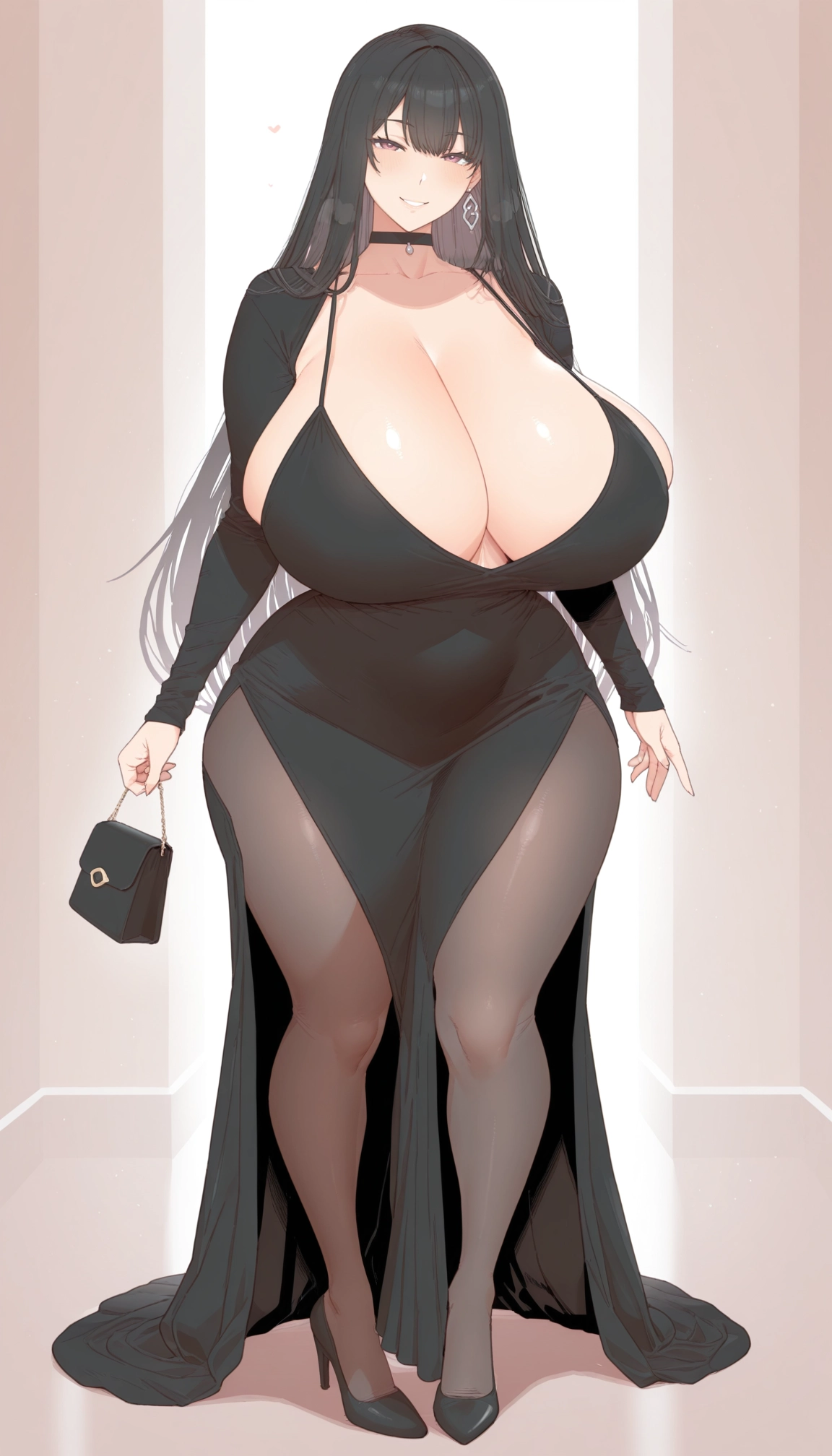 1girl, breasts, dress, pantyhose, bag, earrings · Yamete.gg