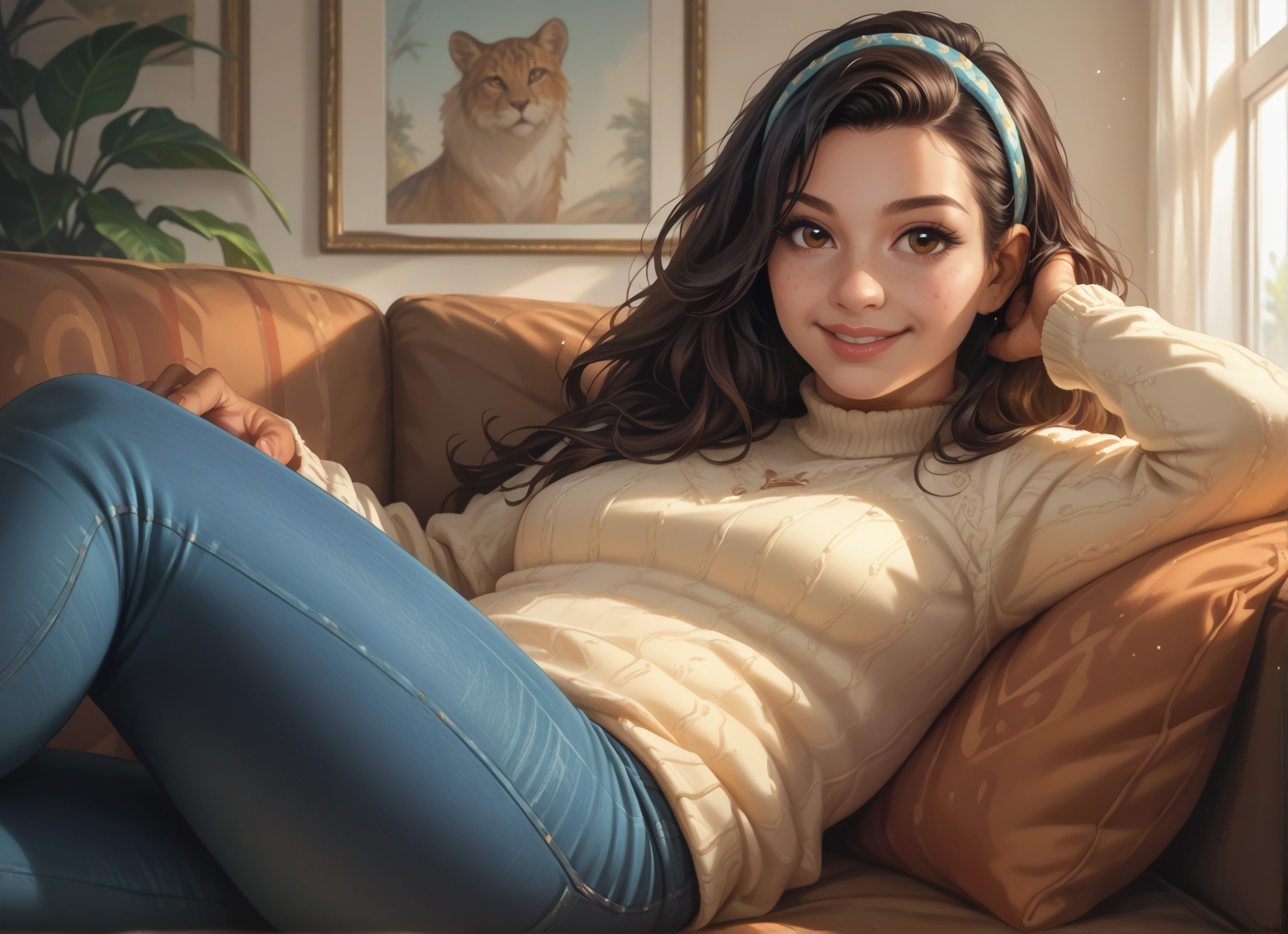 1girl, sweater, pants, brown hair, brown eyes, freckles · Yamete.gg