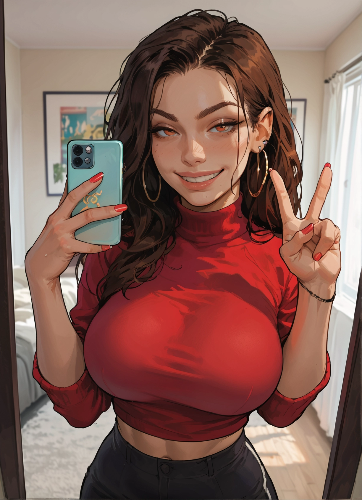 1girl, breasts, phone, jewelry, mole, earrings · Yamete.gg