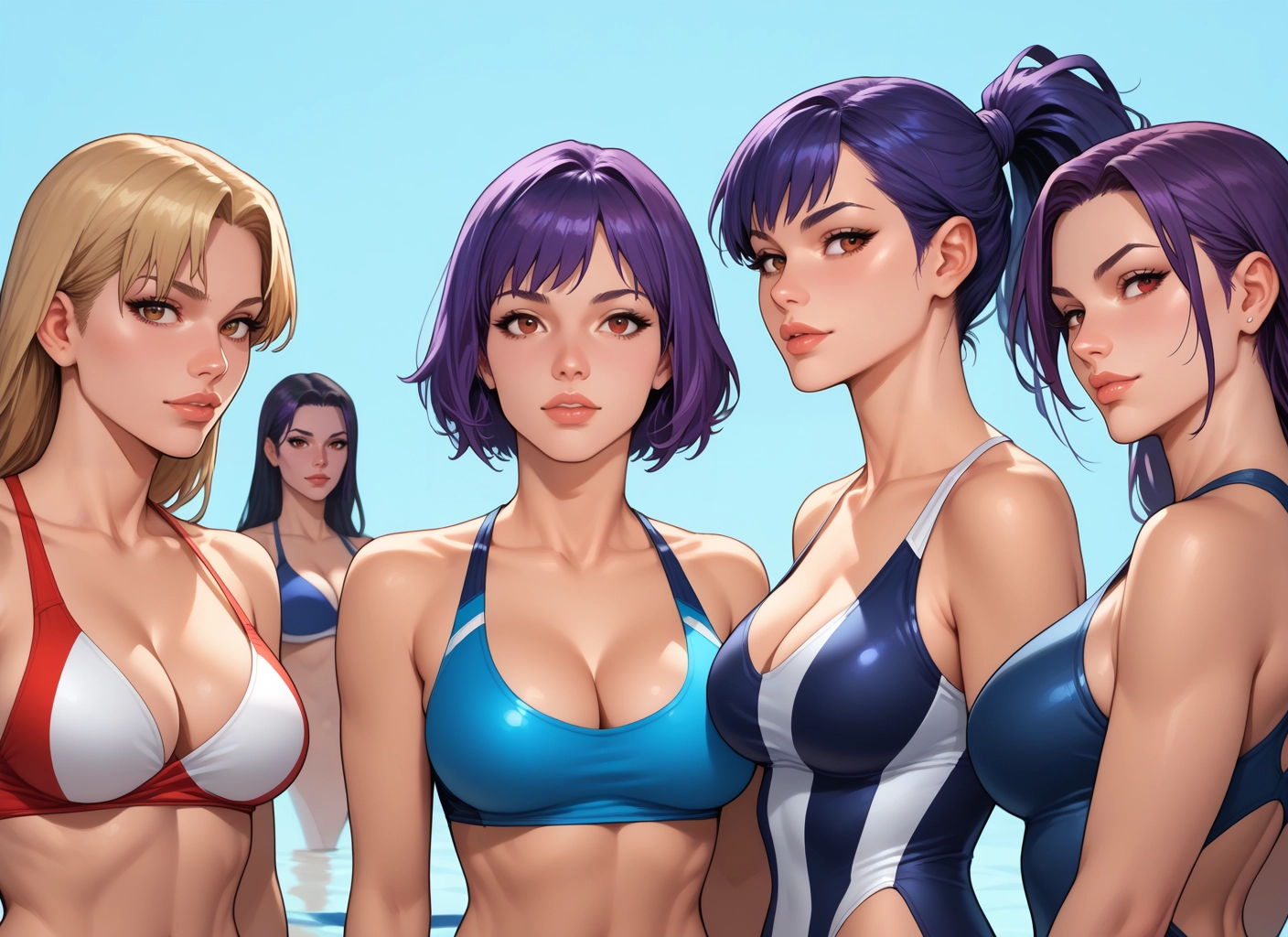 breasts, multiple girls, swimsuit, 4girls, purple hair, cleavage