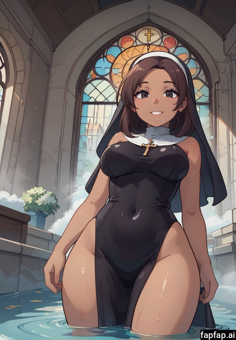 1girl, breasts, solo, brown hair, church, nun · Yamete.gg
