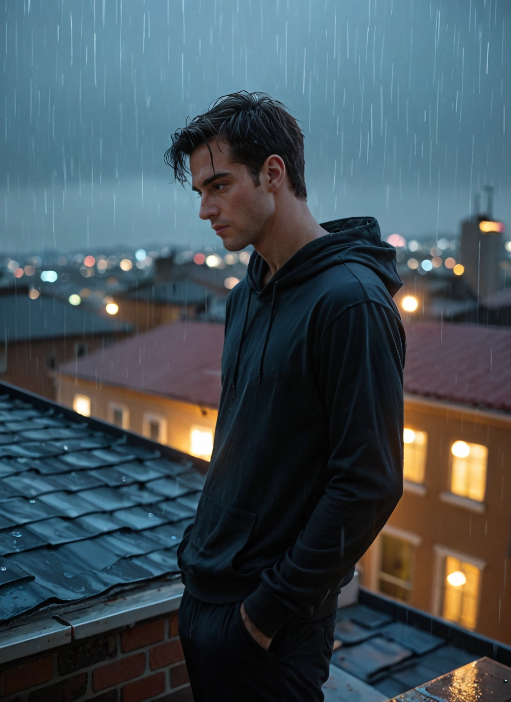 1boy, male focus, rain, hood, solo, hoodie
