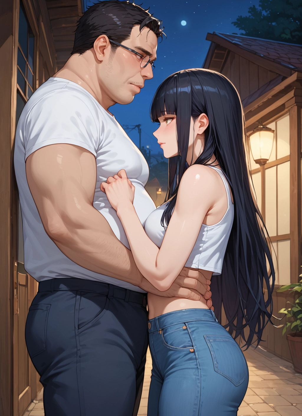 1girl, 1boy, long hair, black hair, breasts, pants · Yamete.gg
