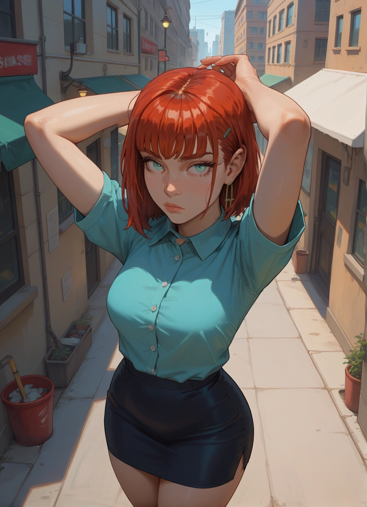 1girl, shirt, skirt, solo, outdoors, blue shirt · Yamete.gg