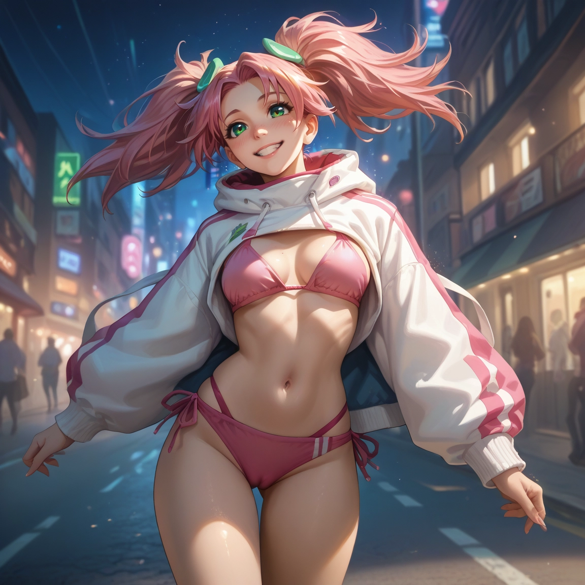 swimsuit, pink hair, bikini, smile, breasts, twintails · Yamete.gg