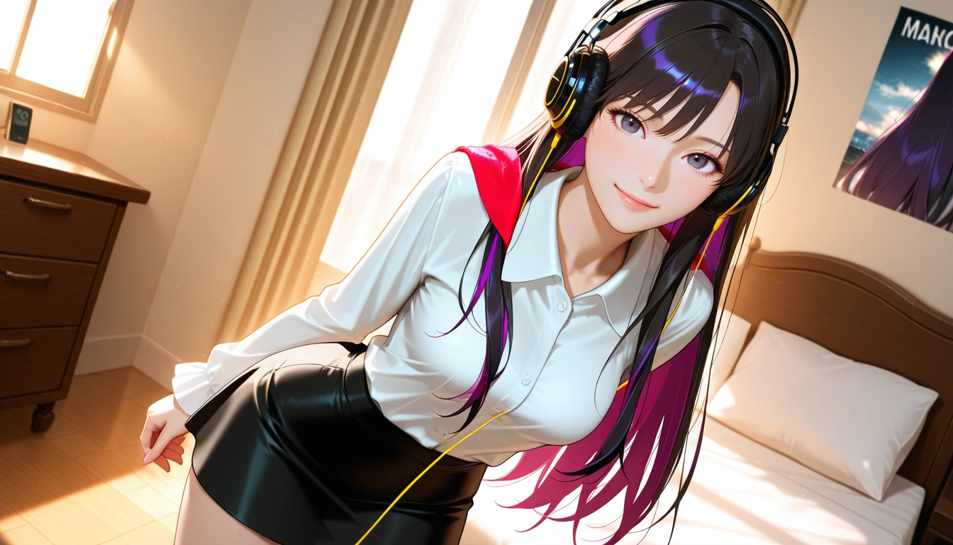 1girl, shirt, solo, headphones, indoors, long hair · Yamete.gg