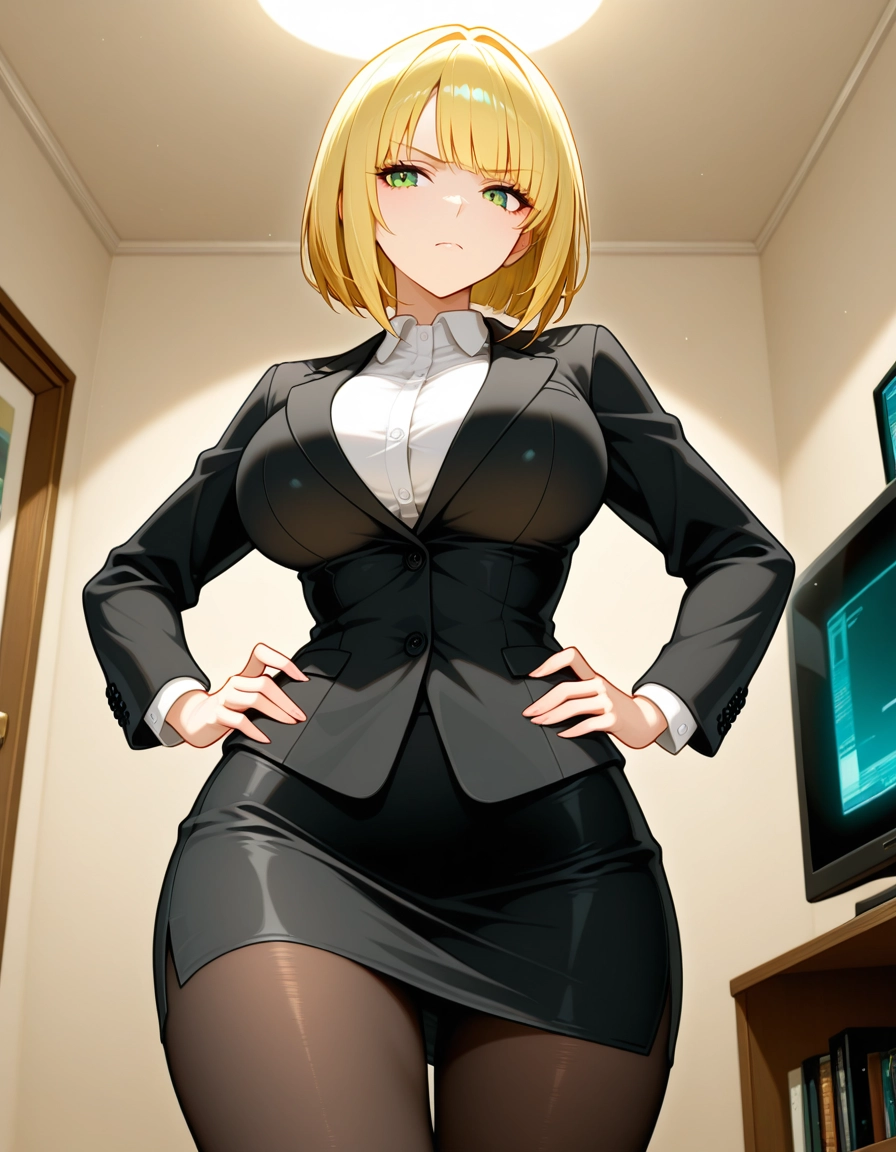 1girl, blonde hair, solo, green eyes, breasts, skirt · Yamete.gg