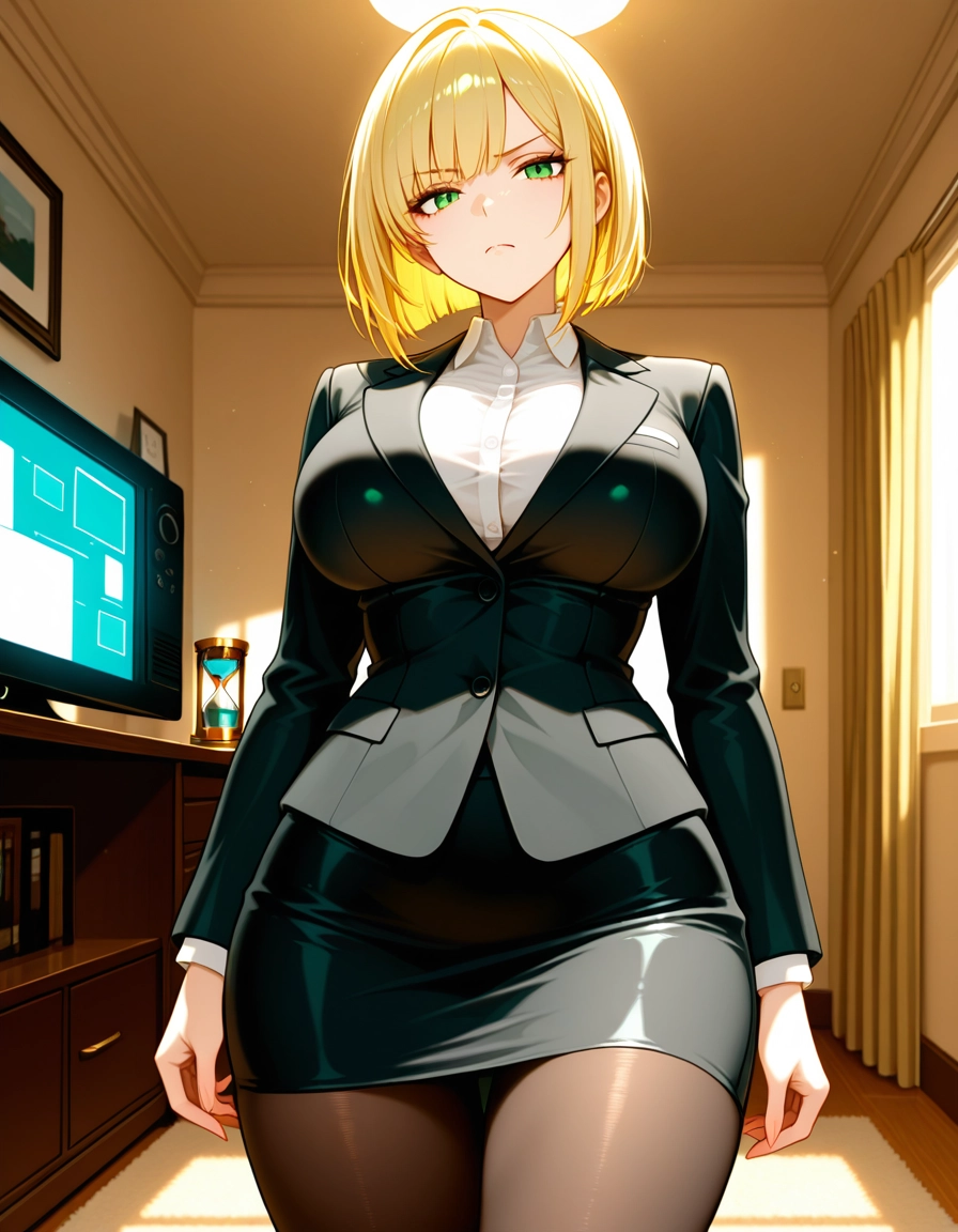 1girl, solo, breasts, blonde hair, green eyes, pantyhose · Yamete.gg