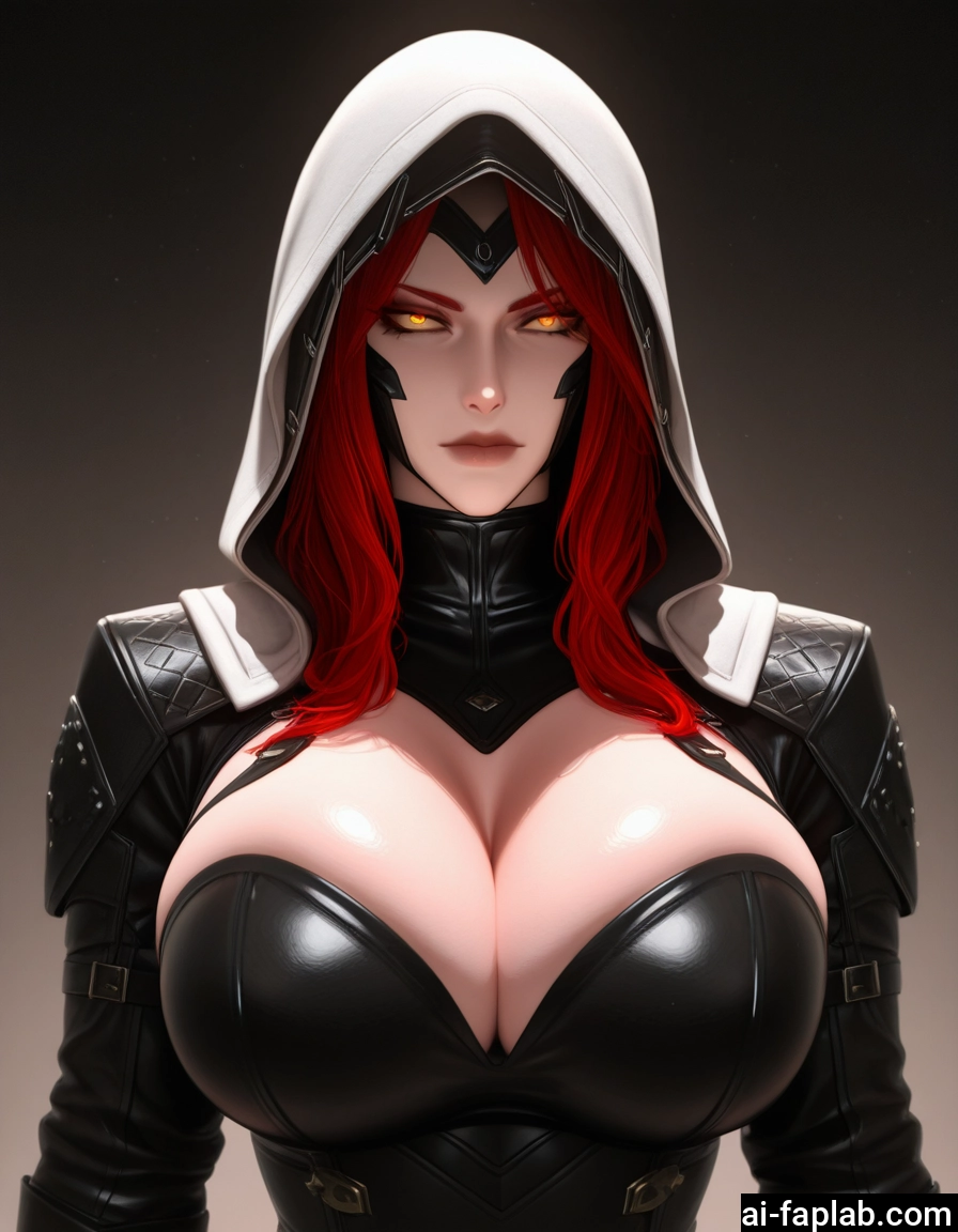 1girl, breasts, red hair, hood, cleavage, solo · Yamete.gg