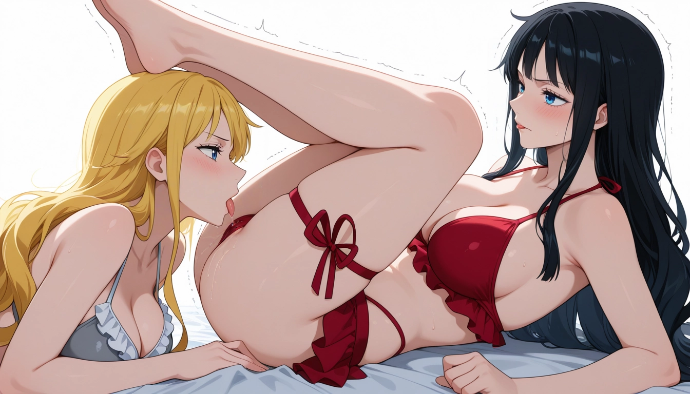 swimsuit, blue eyes, frilled bikini, multiple girls, breasts, black hair · Yamete.gg