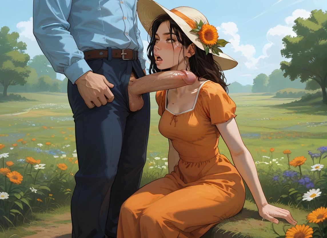 1girl, 1boy, penis, outdoors, dress, hat · Yamete.gg
