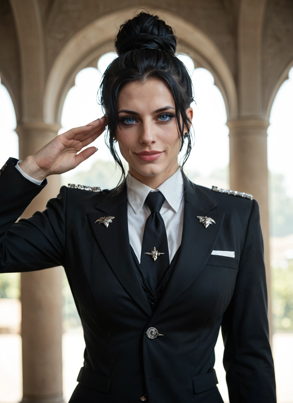 1girl, solo, necktie, blue eyes, black hair, hair bun · Yamete.gg