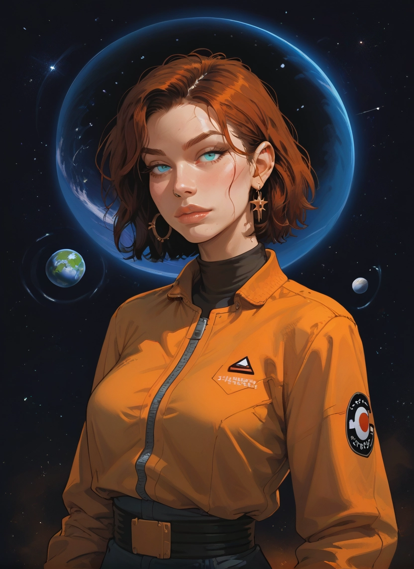 1girl, solo, planet, jewelry, earrings, brown hair · Yamete.gg