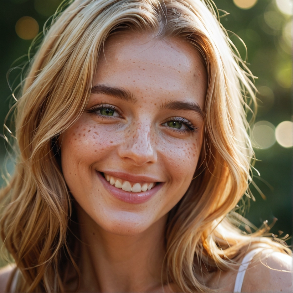 1girl, solo, blonde hair, freckles, smile, teeth · Yamete.gg