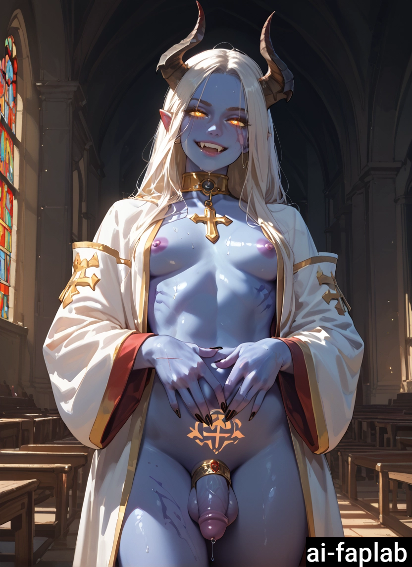 penis, horns, solo, colored skin, tattoo, nipples · Yamete.gg