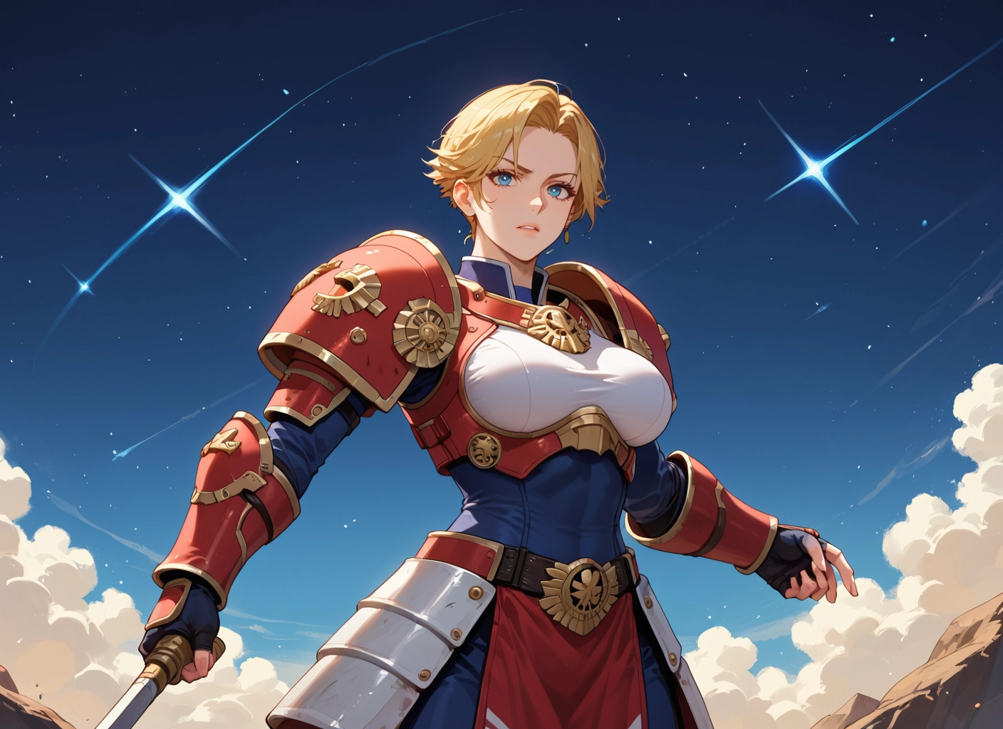 1girl, blonde hair, blue eyes, weapon, armor, solo · Yamete.gg