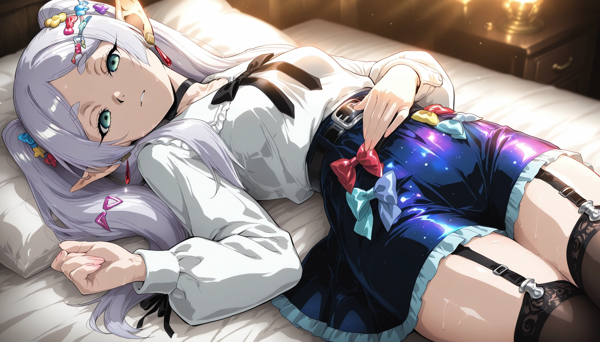 1girl, solo, pointy ears, frieren, thighhighs, skirt · Yamete.gg