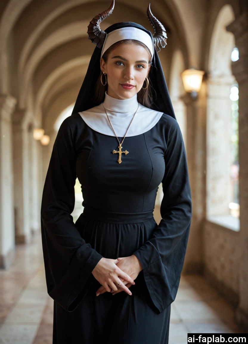 1girl, horns, nun, jewelry, solo, habit