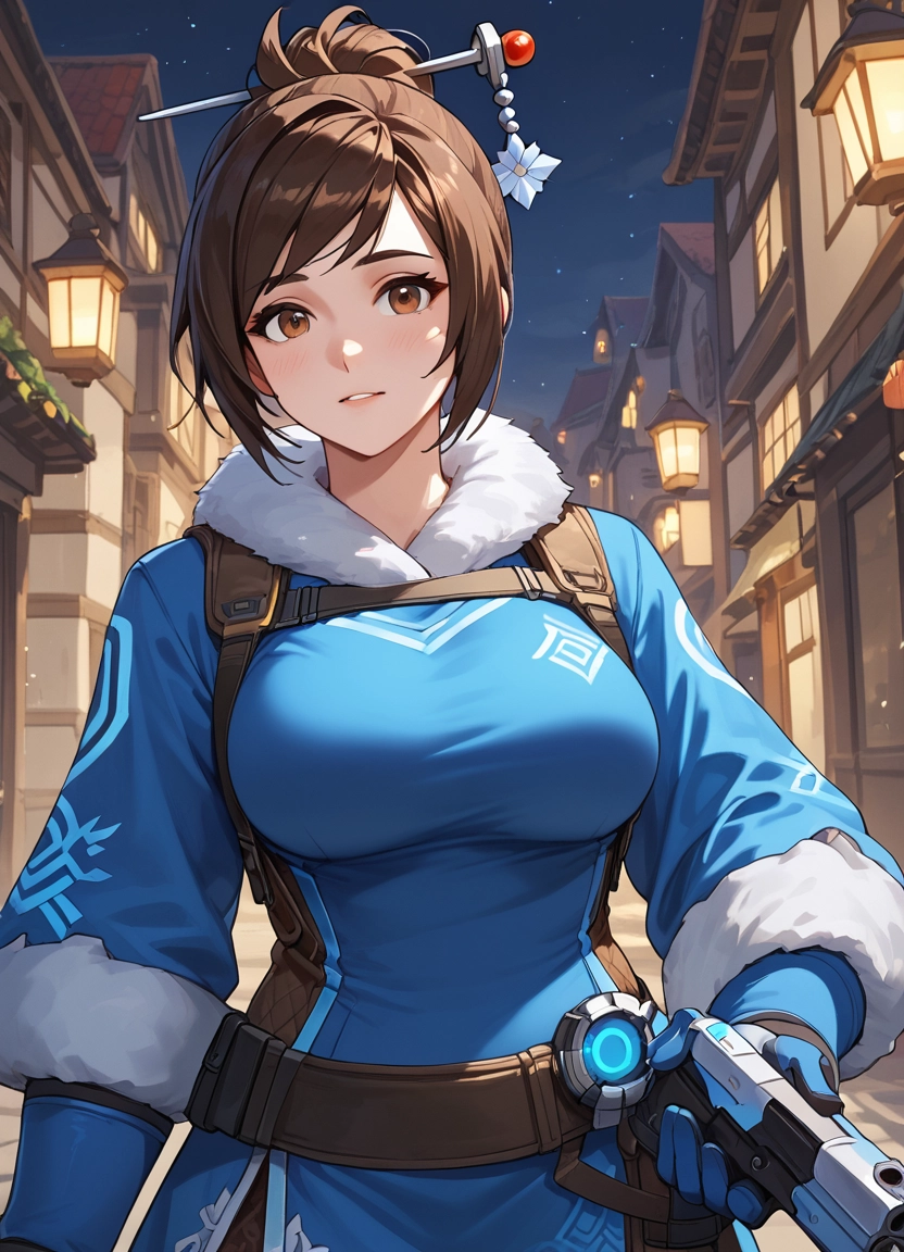 1girl, brown hair, breasts, weapon, hair ornament, gun · Yamete.gg