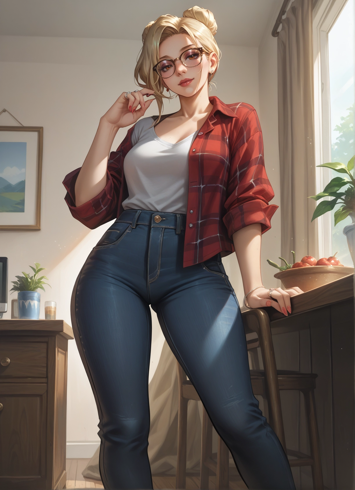 1girl, blonde hair, pants, glasses, breasts, jewelry · Yamete.gg