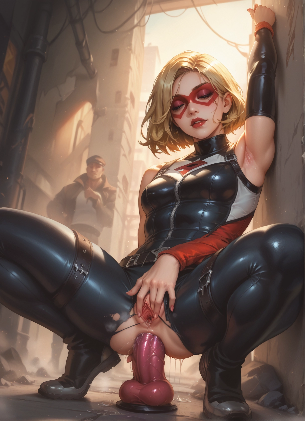 1girl, pussy, sex toy, blonde hair, dildo, mask · Yamete.gg