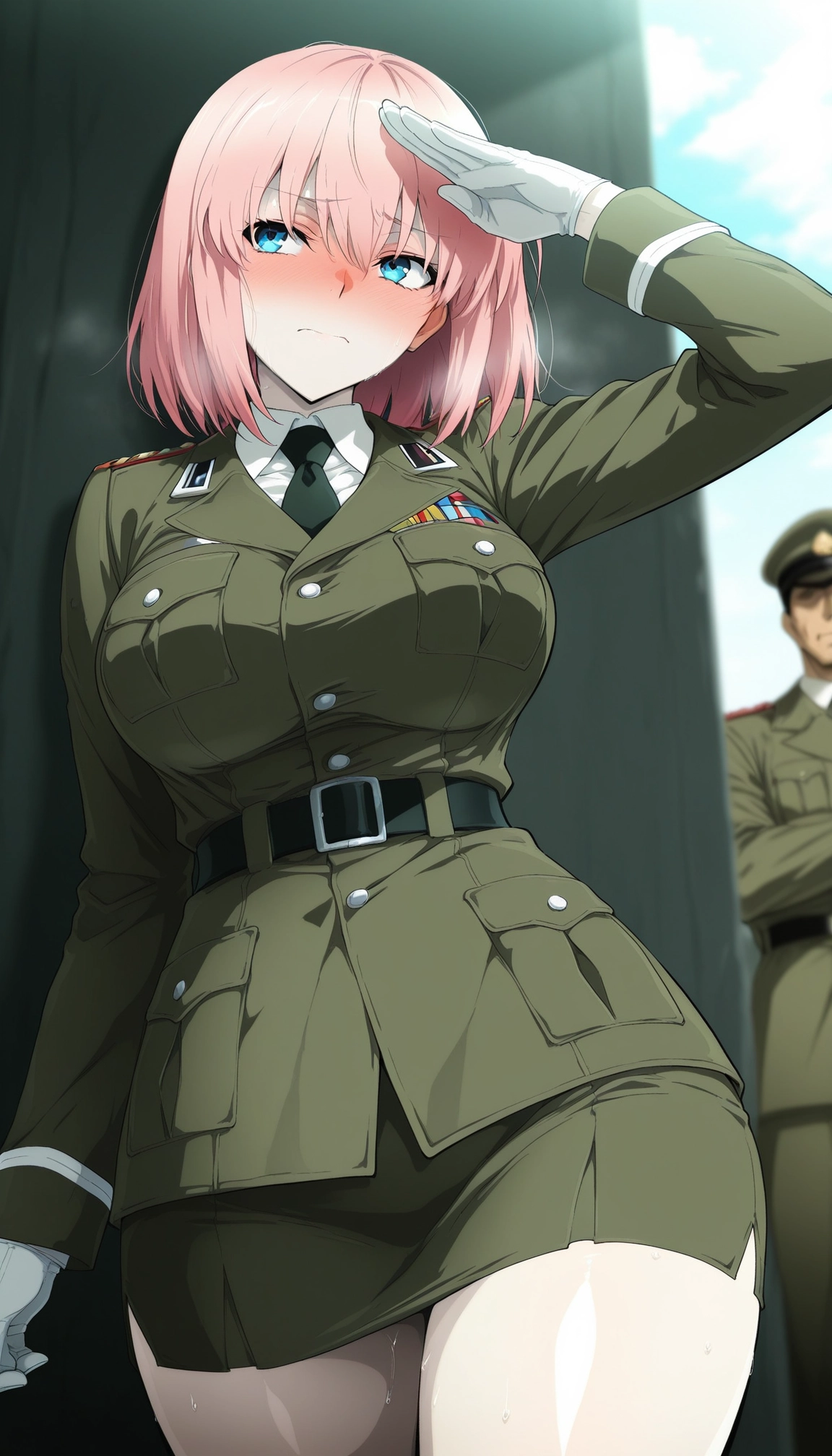 1girl, pink hair, salute, breasts, uniform, blue eyes · Yamete.gg
