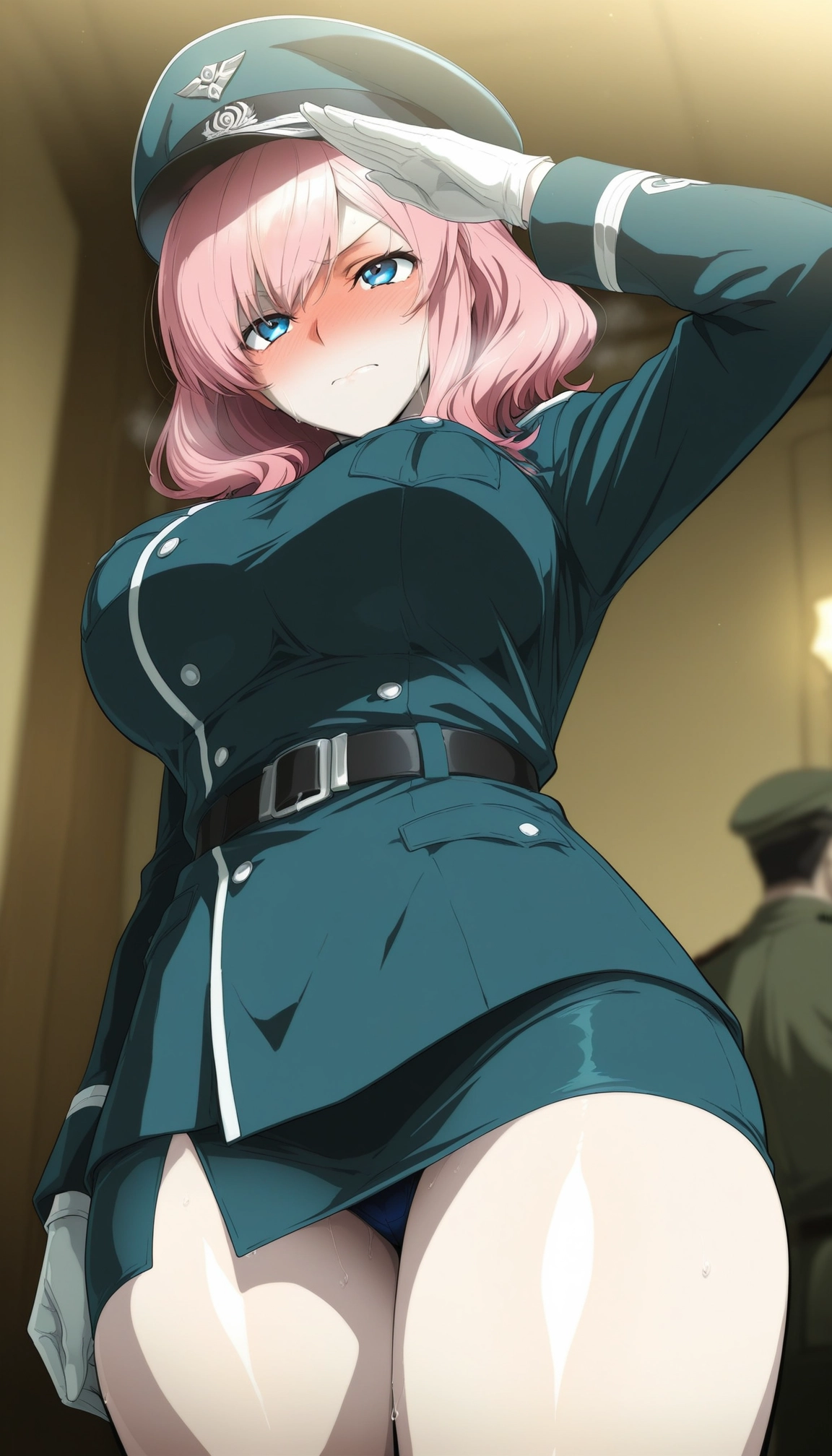 1girl, breasts, pink hair, salute, large breasts, gloves · Yamete.gg