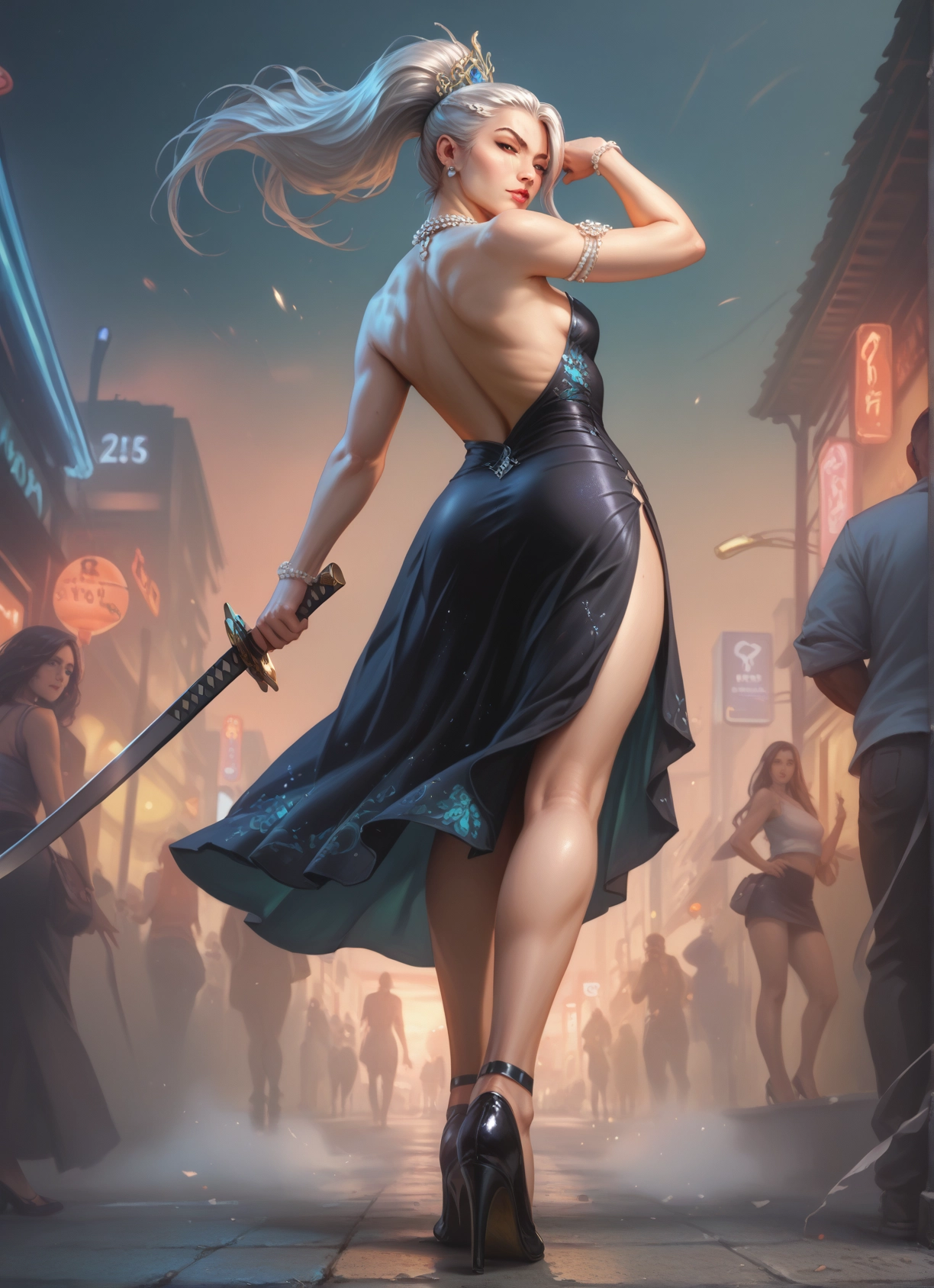 weapon, sword, dress, high heels, jewelry, earrings · Yamete.gg