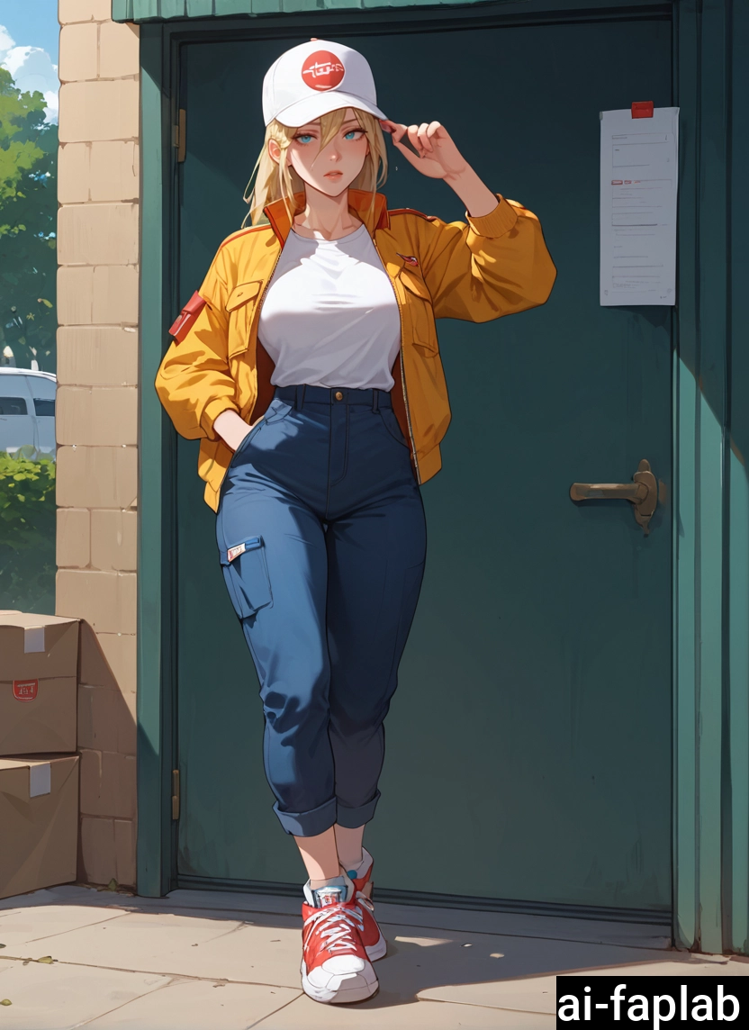 1girl, blonde hair, hat, pants, solo, jacket