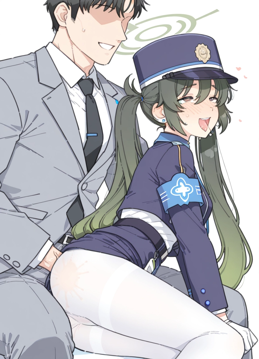 1girl, 1boy, pantyhose, hat, twintails, white legwear