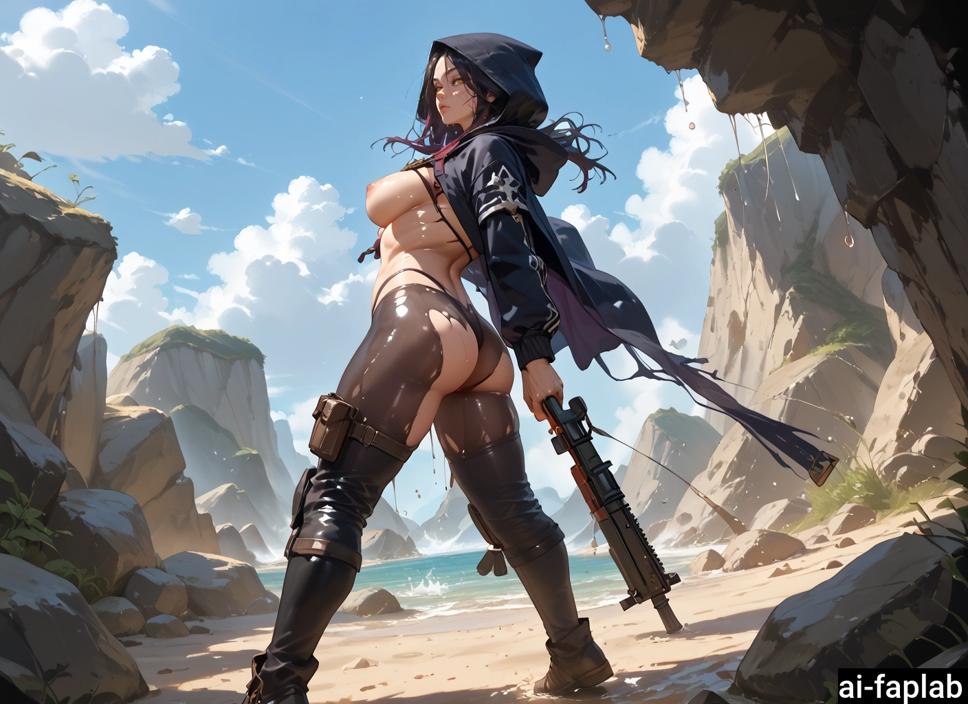 1girl, breasts, ass, solo, weapon, hood