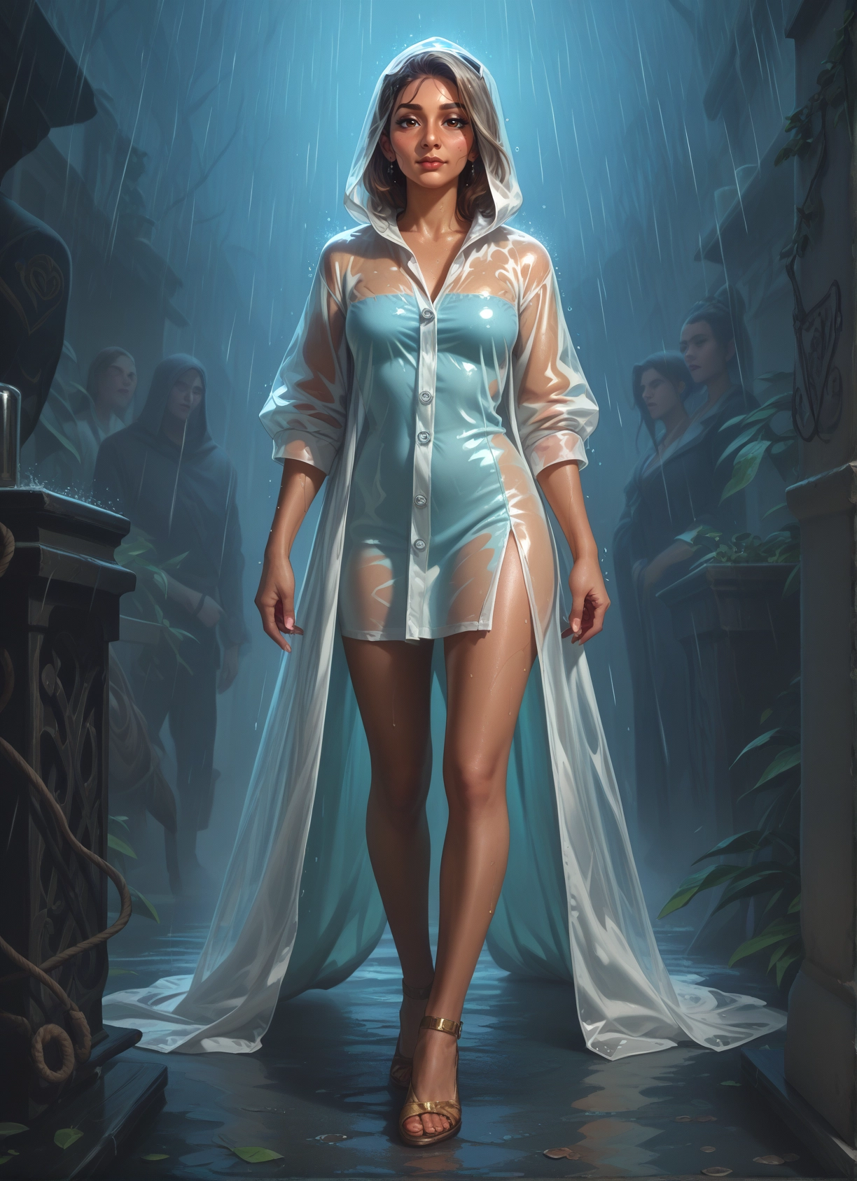 rain, wet, wet clothes, raincoat, jewelry, see-through · Yamete.gg