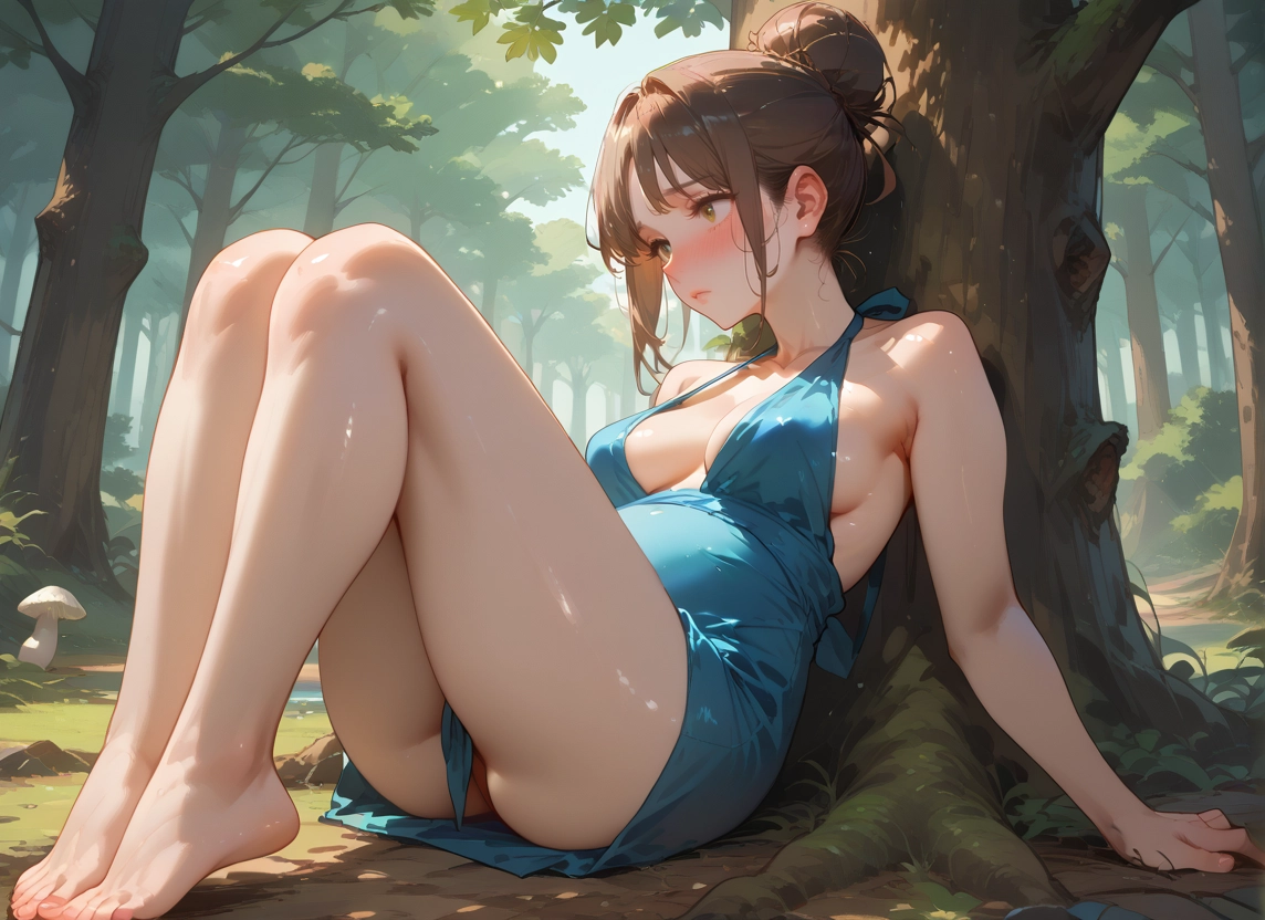 1girl, breasts, barefoot, solo, dress, mushroom · Yamete.gg